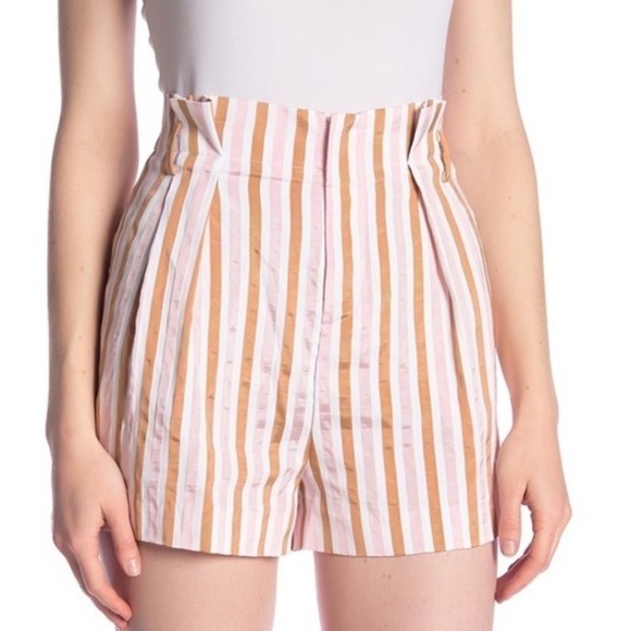 FRAME Pleated Pink Striped High Waisted Shorts Copper Multi Sz 2 - Picture 2 of 10